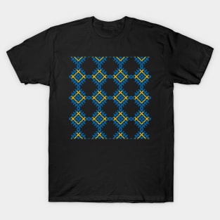 Retro folk art blue and yellow geometrical pattern T-Shirt